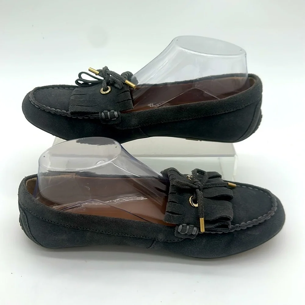 Lands End Women's Moccasin Gray Suede Fringe Slip On Loafers Size 7.0 B